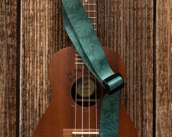Ukulele Gurt - Tropisches Blatt - Verstellbarer grüner Gurt bedruckt mit tropischen Blumen, Lederenden, Instrumentenzubehör, Musiker Geschenk