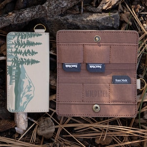 SD Card Holder - National Parks printed Design with Vegan Brown Leather, Memory Card Caddy 6 Slots, Gifts for photographers, him/her