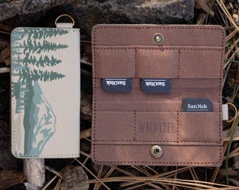 SD Card Holder - National Parks printed Design with Vegan Brown Leather, Memory Card Caddy 6 Slots, Gifts for photographers, him/her