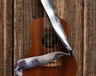 Ukulele Strap - National Parks in Color - Adjustable Strap Printed With Colored Illustrations of 19 National Parks, Brown Leather ends