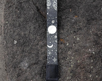 Wristlet Keychain - Sun and Moon - Stars - Vegan Black Leather End, Key Fob, Key Holder, Key Ring, Lanyard, Key Clip, Gifts for Him/Her