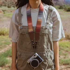 Retro Striped Camera Strap Design with Brown Vegan Leather | Photography Accessories | Colorful | Vivid | Color Palette | Crossbody