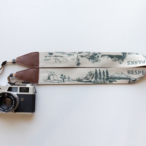 National Park Inspired Camera Strap, Respect Our Parks, Green and Khaki Color, Vegan Leather, Photography Accessories, 12 National Parks.