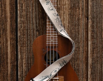 Ukulele Strap - National Park-Themed - Adjustable Tan Strap Printed With Illustrations of 12 National Parks in Green, Brown Leather ends