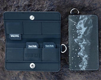 Parks at Night SD Card Holder - National Park Print, Mount Rainier & Grand Teton | Starry Sky | Vegan Leather, 6-Slot | Photographer Gift