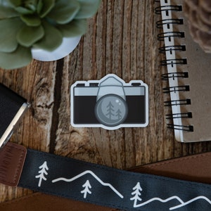 Photographer Sticker Vintage Camera, Outdoor Adventure, Tree & moon. Vinyl, Decal, Bumper, Laptop, Hiking, Travel, Water Bottle