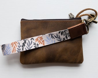 Wristlet Keychain - Wildflowers - Floral - Vegan Brown Leather End, Key Fob, Key Holder, Key Ring, Lanyard, Key Clip, Gifts for Her