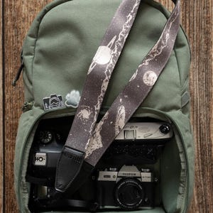Camera Strap &quot;Beyond&quot; - Black and White, Printed with Stars, Space, Mountains, Cosmos, Planets, Solar System - Gift for Astrophotographer