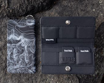 SD Card Holder - Topographic Map Design - Black and white - Vegan Leather, Memory Card Caddy 6 Slots, Game SD Case - Gifts for Him/Her