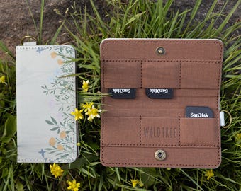 SD Card Holder - Flower Field Dainty Floral Design - Vegan Leather, Memory Card Caddy 6 Slots, Photographer, Game Case - Gifts for Him/Her