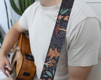 Guitar Strap Forest Foliage, Mushrooms, Ferns, Berries, Outdoors, Nature, Black, Bass, Electric, Acoustic Accessories, Crossbody