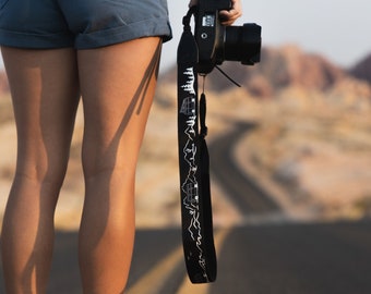 Camera Strap Van Life Design, Outdoor Adventure Travel Van,  Black and White Color, Travel Landscape Photography, Vegan Leather, Accessory