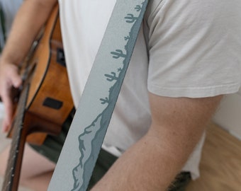 Landscape Guitar Strap - Printed Trees, Mountains and Cacti, Nature, Brown, Bass, Electric, Acoustic Accessories, Crossbody