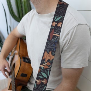 Guitar Strap Forest Foliage, Mushrooms, Ferns, Berries, Outdoors, Nature, Black, Bass, Electric, Acoustic Accessories, Crossbody
