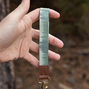 Wristlet Keychain - Foggy Forest Pinetree landscape design - Vegan Brown Leather End, Key Fob, Key Holder, Lanyard, Gifts for Him/Her