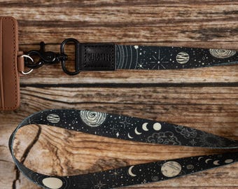 Lanyard - Sun and Moon - Planets and Stars Printed in Black | Neck Lanyard for Badge ID Holder, Key Fob | Long Lanyard, Gift for Him/Her