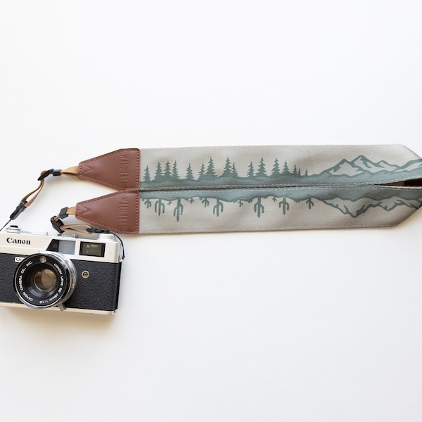 Camera Strap Landscape | Pine tree, Mountain, Desert, Cacti | Outdoor Adventure | Green Color | Vegan Leather | Photographer Accessory