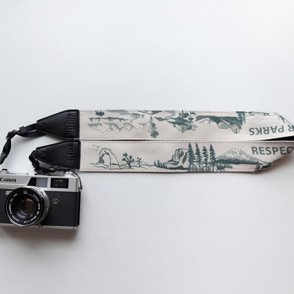 National Park Inspired Camera Strap, Respect Our Parks, Green and Khaki Color with Black Backing, Vegan Leather, Photographer Accessories