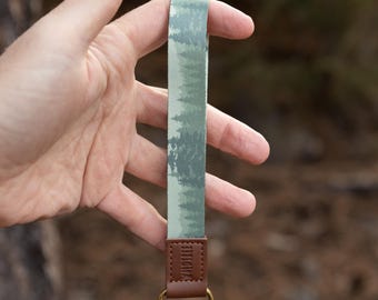 Wristlet Keychain - Foggy Forest Pinetree landscape design - Vegan Brown Leather End, Key Fob, Key Holder, Lanyard, Gifts for Him/Her