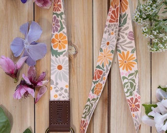 Sunset Floral Pattern Neck Lanyard with Brown or Black ID Badge Holder Option