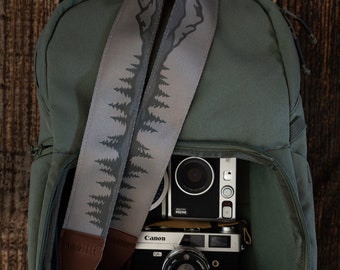 Camera Strap MT and Trees Landscape | Pine trees & Mountains | Outdoors | Tan, Green,| Vegan Leather | Photographer Accessory