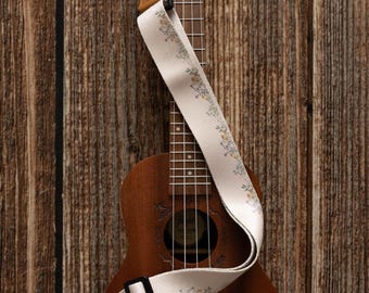 Ukulele Strap - Flower Field Tan - Adjustable Strap Printed with Dainty Little Flowers, Leather ends, Instrument Accessory, Musician Gift