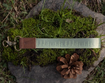 Wristlet Keychain - Pinetree landscape - Vegan Brown Leather End, Key Fob, Key Holder, Key Ring, Lanyard, Key Clip, Gifts for Him/Her