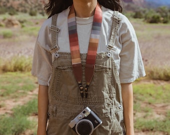 Retro Striped Camera Strap Design with Brown Vegan Leather | Photography Accessories | Colorful | Vivid | Color Palette | Crossbody