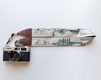 National Park Inspired Camera Strap, Respect Our Parks, Green and Khaki Color, Vegan Leather, Photography Accessories, 12 National Parks.