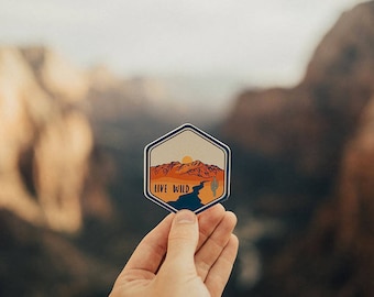 Live Wild Sticker | Cactus, Desert Mountains, Sunset, River, Vinyl, Decal, Bumper, Laptop, Hiking, Travel, Durable, Scratch Resistant