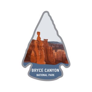 May include: A blue arrow-shaped sticker with a photo of Bryce Canyon National Park. The text "Bryce Canyon National Park" is printed on the sticker.