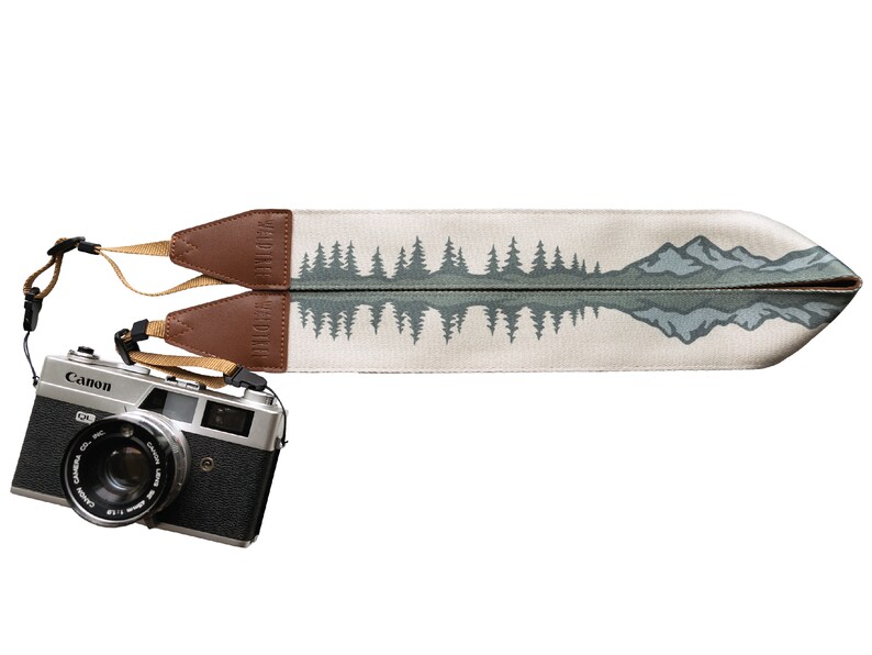 Camera Strap MT and Trees Landscape | Pine trees & Mountains | Outdoors | Tan, Green, Blue Gray | Vegan Leather | Photographer Accessory 