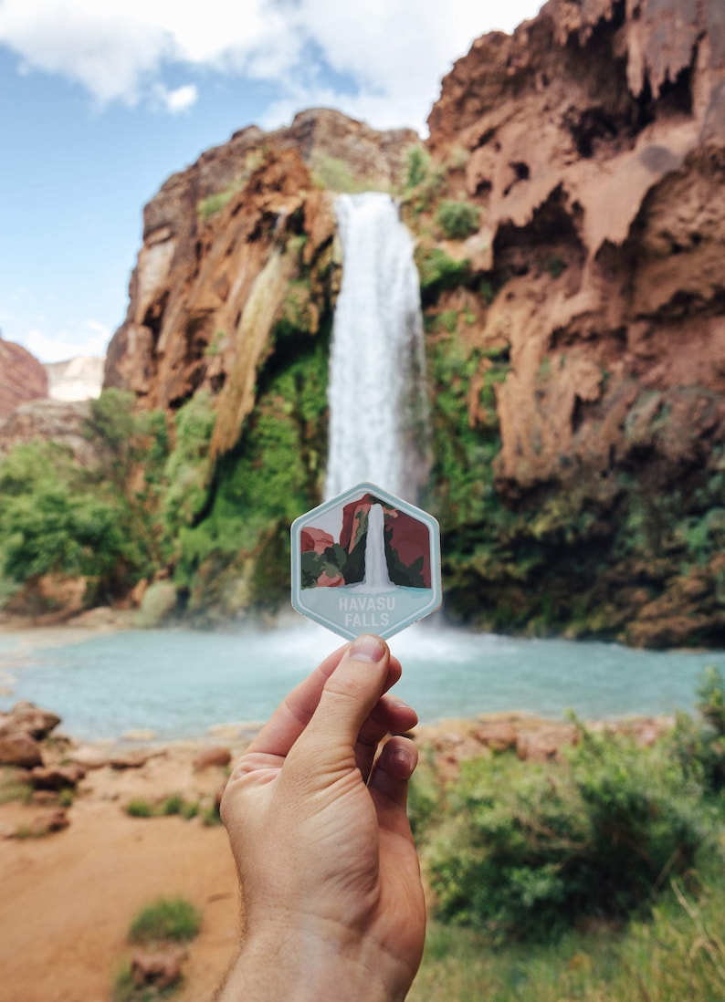 Havasu falls sticker in front of Havasu waterfall in Arizona