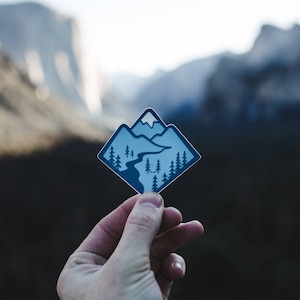 Blue Mountain Sticker River, Tree, Hammock, Snow Top Mountain, Valley. Bottle, Laptop, Vinyl, Decal, Car Bumper, Travel, Outdoor Adventure image 1