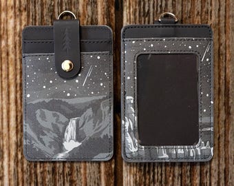 Parks at Night ID Badge Holder - Bryce Canyon & Yellowstone National Park Print | Vegan Leather Card Wallet, Black Night Sky  | Outdoor Gift