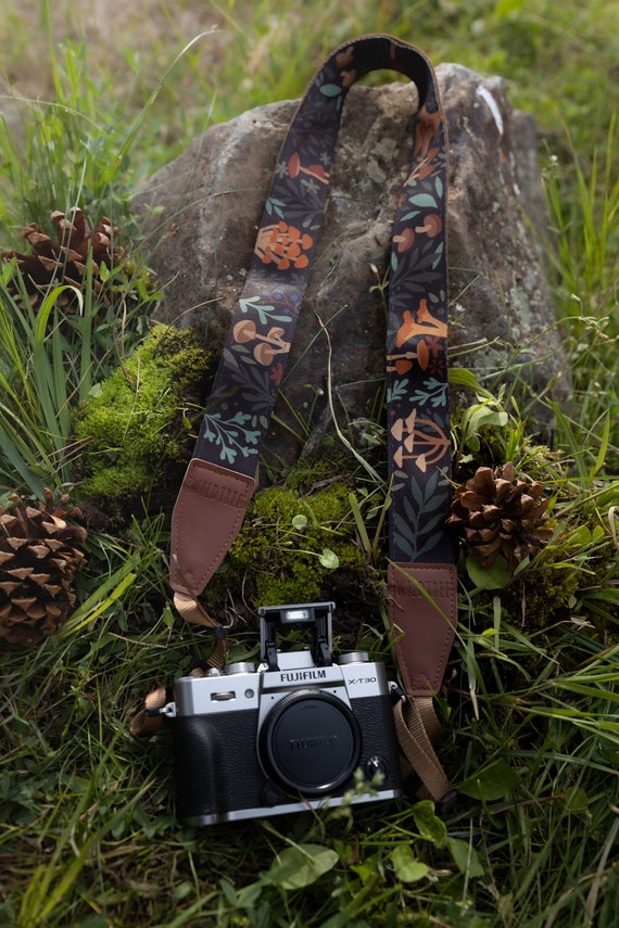 Forest Foliage Design Camera Strap | Photography Accessories | Mushroom | Simple Botanical  | Forest Plants | Vegan Leather