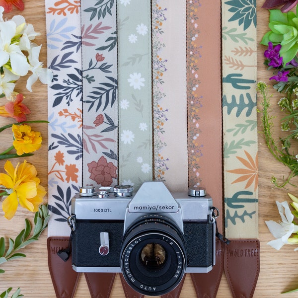 Courroies florales pour appareil photo | Imprimé floral | Accessoires de photographie | Botanique simple | Cuir végétalien