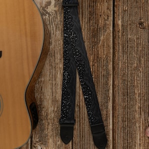 Black Guitar strap printed with stars and mountains