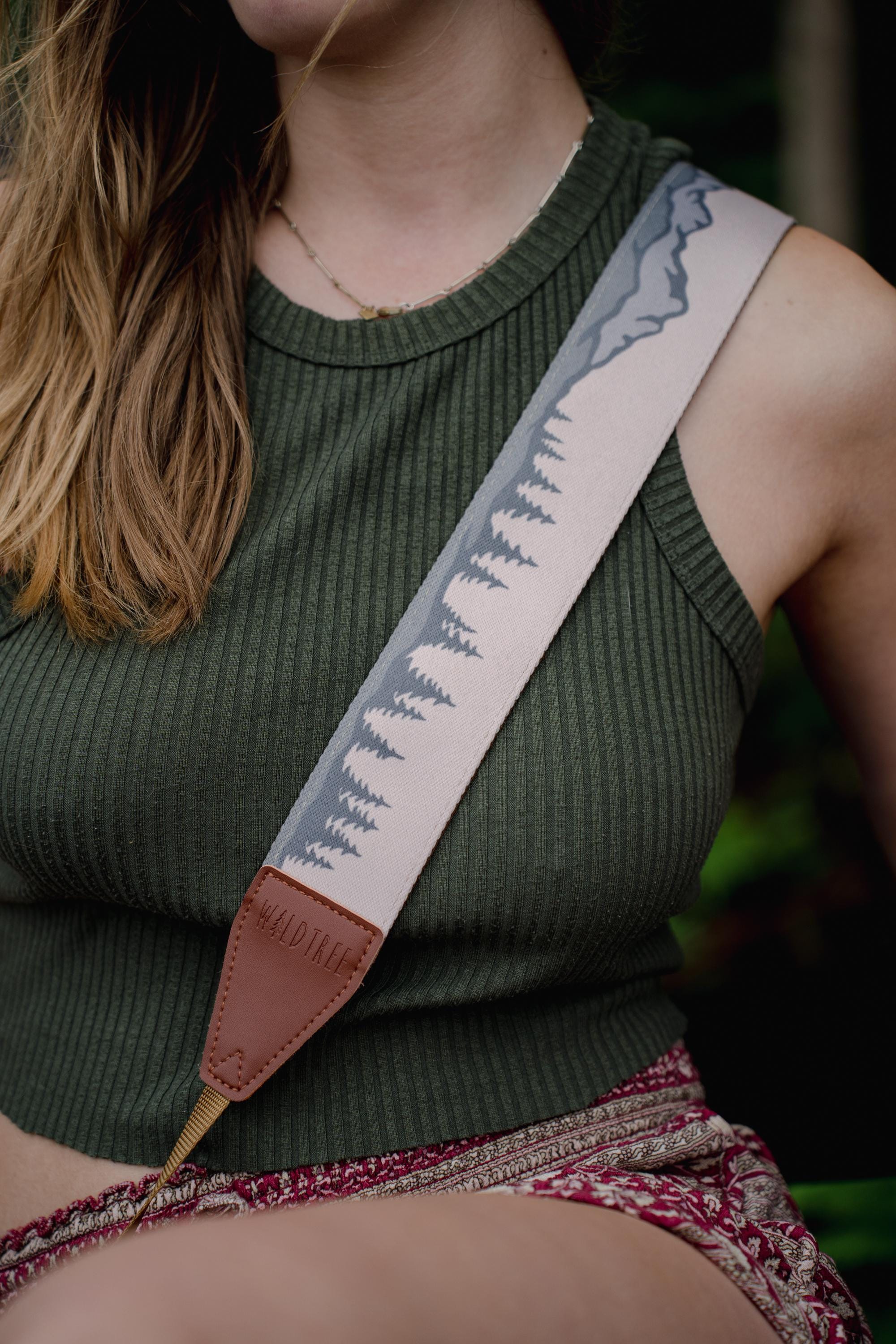 Camera Strap MT and Trees Landscape | Pine trees & Mountains | Outdoors | Tan, Green,| Vegan Leather | Photographer Accessory