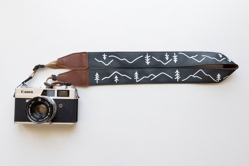 Camera Strap Simple Mountain features a Trees & Mountains design. blue white and brown Vegan leather