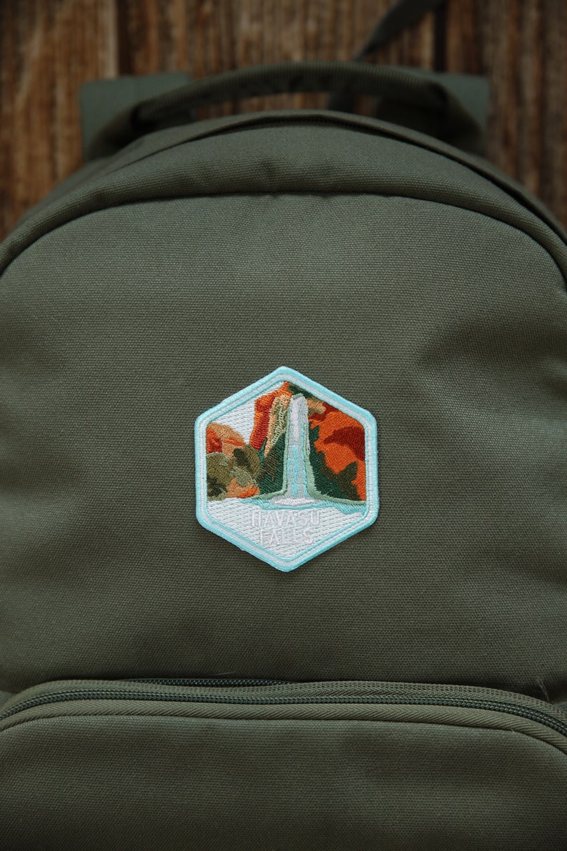 Havasupai Falls Patch on a green backpack