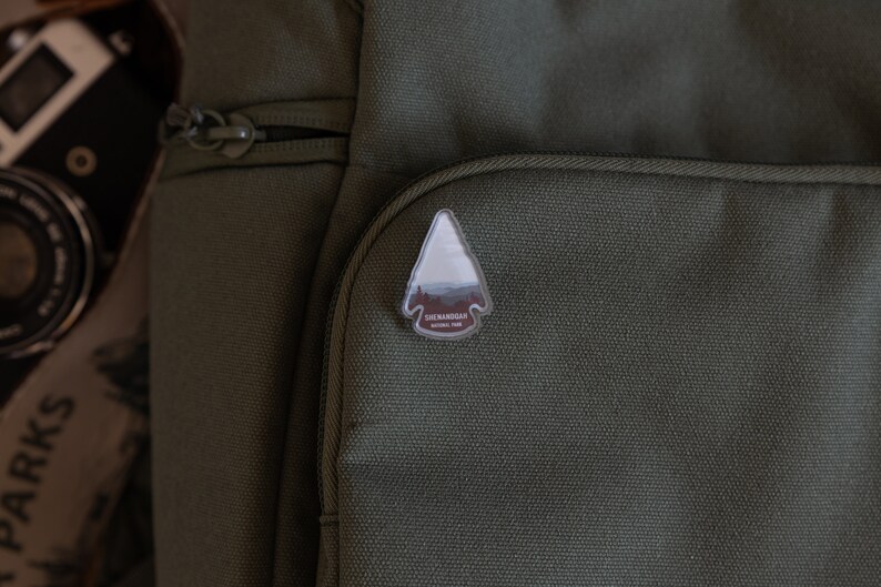 Shenandoah National Park acrylic pin on backpack
