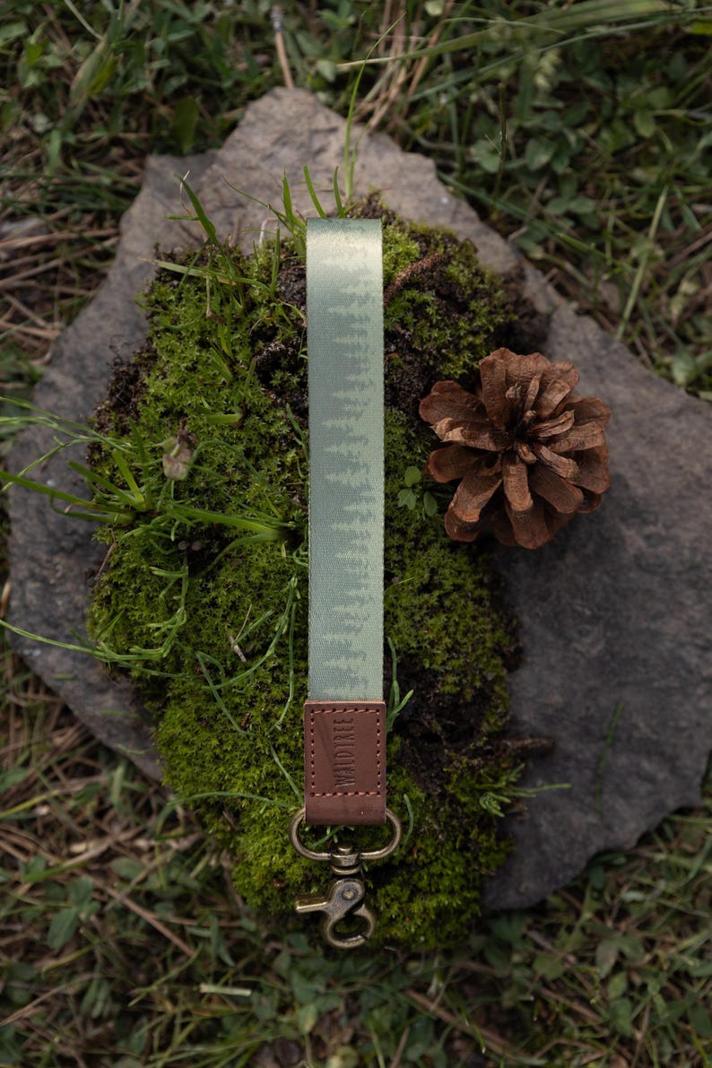 Landscape Keychain Wristlet Keychain - Pinetree Landscape - Vegan Brown Leather End, Key ...