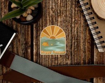 Happy Camper Sticker, Travel souvenir, in Color, Trees, Mountains, Retro Vintage design, Weatherproof and durable, Outdoor sticker