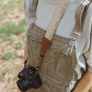 Flower Field Tan Camera Strap Design with Brown Vegan Leather Photography Accessories Wildflowers Floral Dainty Flowers Nature image 6