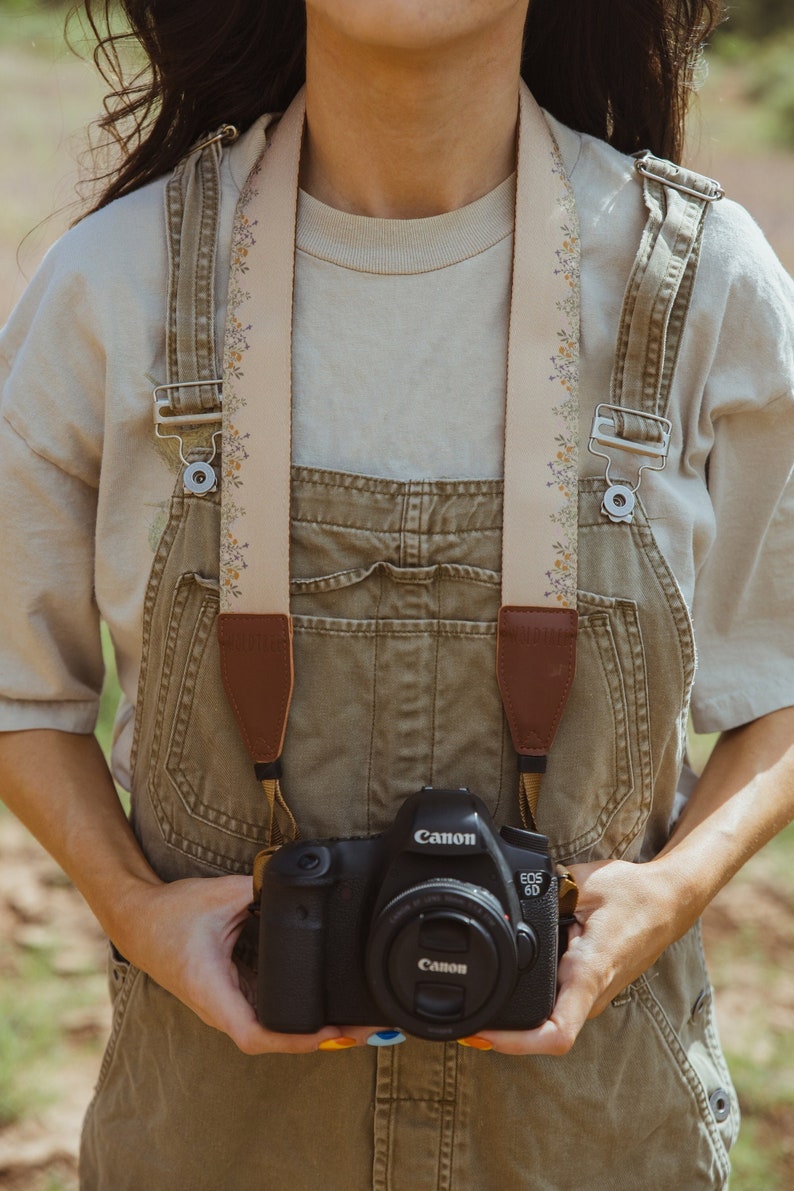 Flower Field Tan Camera Strap Design with Brown Vegan Leather Photography Accessories Wildflowers Floral Dainty Flowers Nature image 1