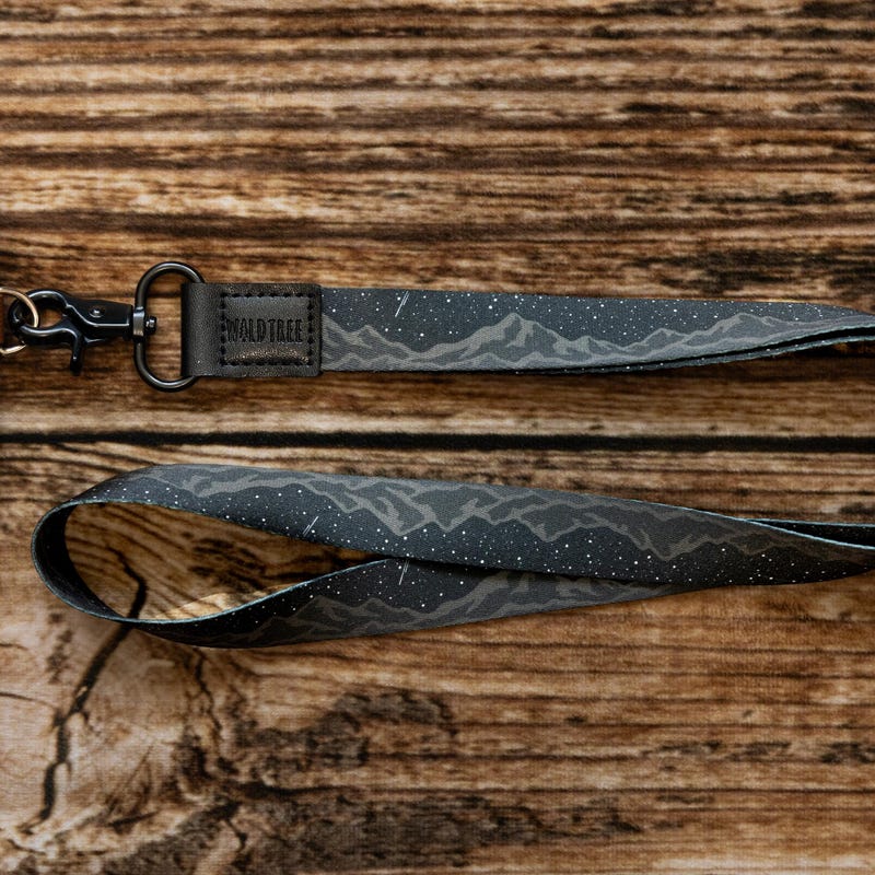 Lanyard - Midnight Mountain - Mountain and Stars Printed in Black Neck Lanyard for Badge ID Holder, Key Fob | Long Lanyard, Gift for Him/Her