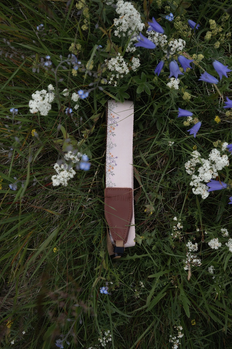 Flower Field Tan Camera Strap Design with Brown Vegan Leather Photography Accessories Wildflowers Floral Dainty Flowers Nature image 4