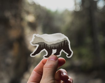 Bear Landscape Sticker | Bear Shaped, Wildlife, Animal, Vinyl, Decal, Bumper, Laptop, Hiking, Water Bottle, Mountain, Trees