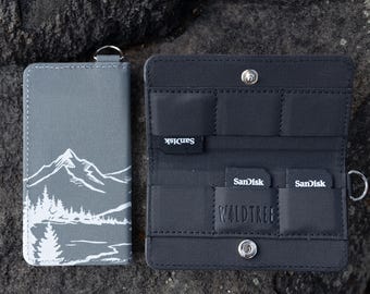 SD Card Holder - Wilderness Mountain Landscape Design with Vegan Black Leather, Memory Card Caddy 6 Slots, Photography Accessory, Game Case